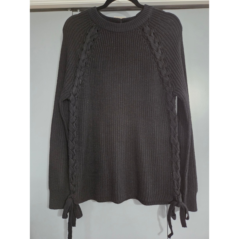 NWT Poof New York Sweater Medium Black Braided Side Tie Shaker Knit Raglan